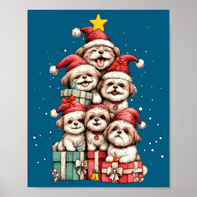 Cute Shih Tzu Le Dog Christmas Tree Xmas Hat Long  Poster (Front)