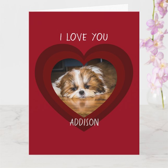 Cute shih tzu love Valentine heart photo Card (Orchid)