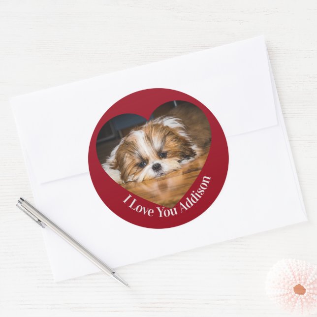 Cute shih tzu love Valentine heart photo Classic Round Sticker (Envelope)