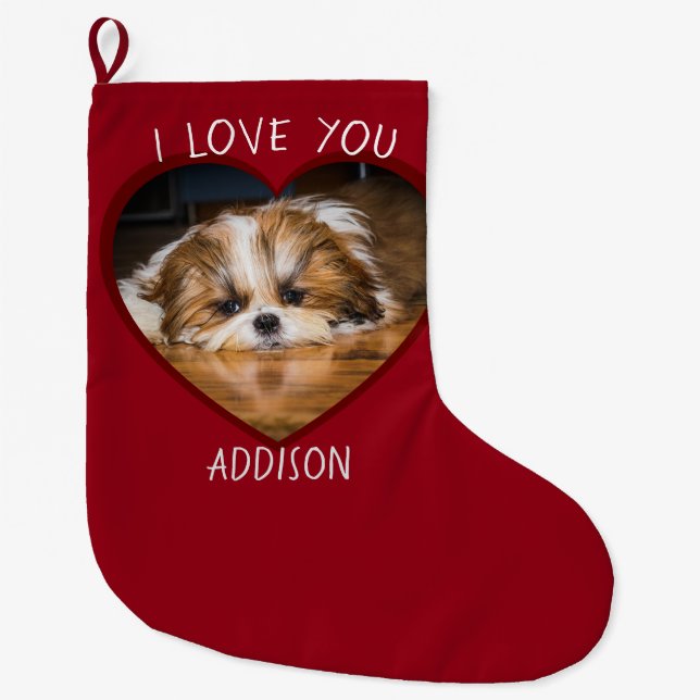 Cute shih tzu love Valentine heart photo Large Christmas Stocking (Front)