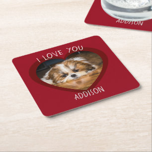 Cute shih tzu love Valentine heart photo Square Paper Coaster