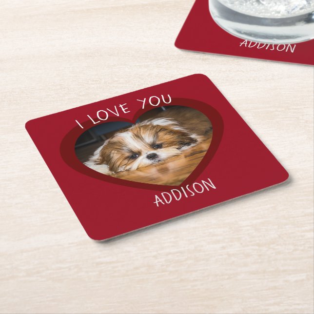 Cute shih tzu love Valentine heart photo Square Paper Coaster (Angled)