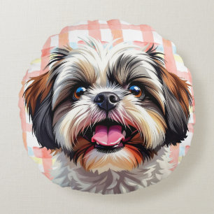 Cute Shih Tzu Pink Plaid Round Cushion