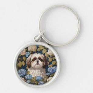 Cute Shih Tzu Puppy Blue hydrangea flowers Key Ring