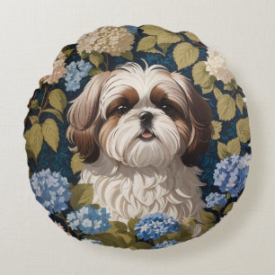 Cute Shih Tzu Puppy Blue hydrangea flowers Round Cushion