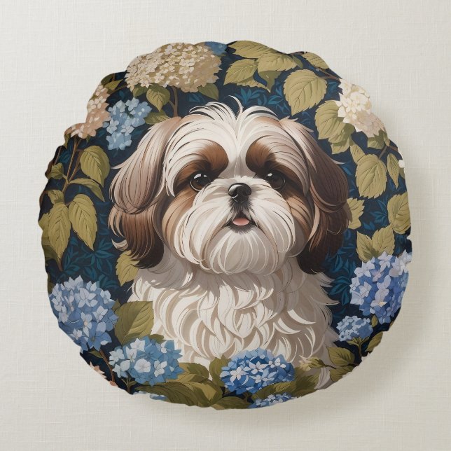 Cute Shih Tzu Puppy Blue hydrangea flowers Round Cushion (Front)