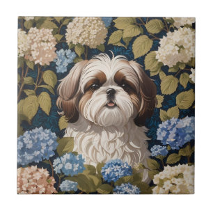 Cute Shih Tzu Puppy Blue hydrangea flowers Tile