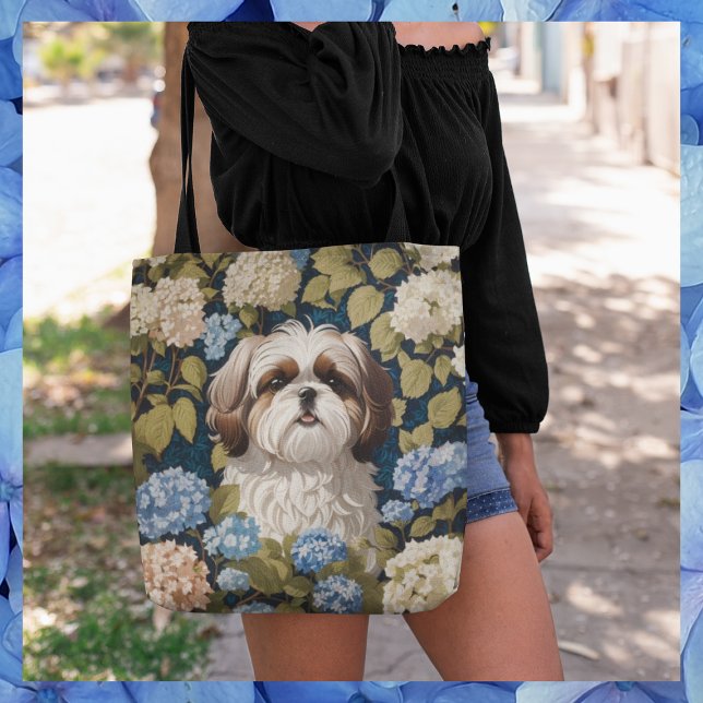 Cute Shih Tzu Puppy Blue hydrangea flowers Tote Bag (Creator Uploaded)