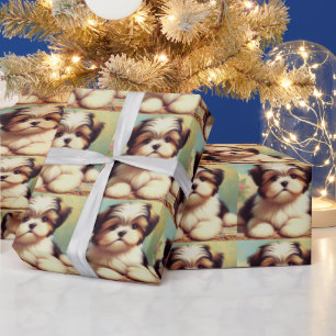 Cute Shih-Tzu Puppy Painting Wrapping Paper