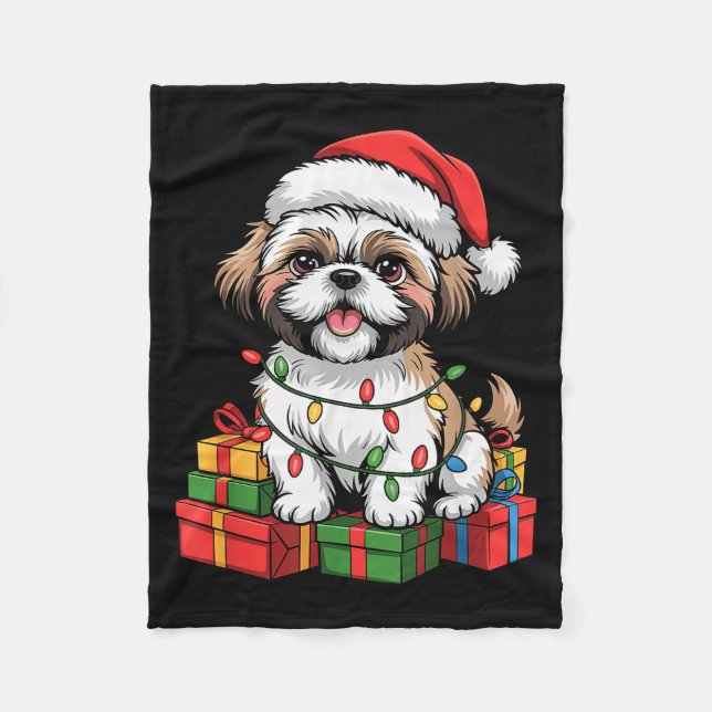 Cute Shih Tzu Santa Hat Christmas Xmas Dog Lovers  Fleece Blanket (Front)