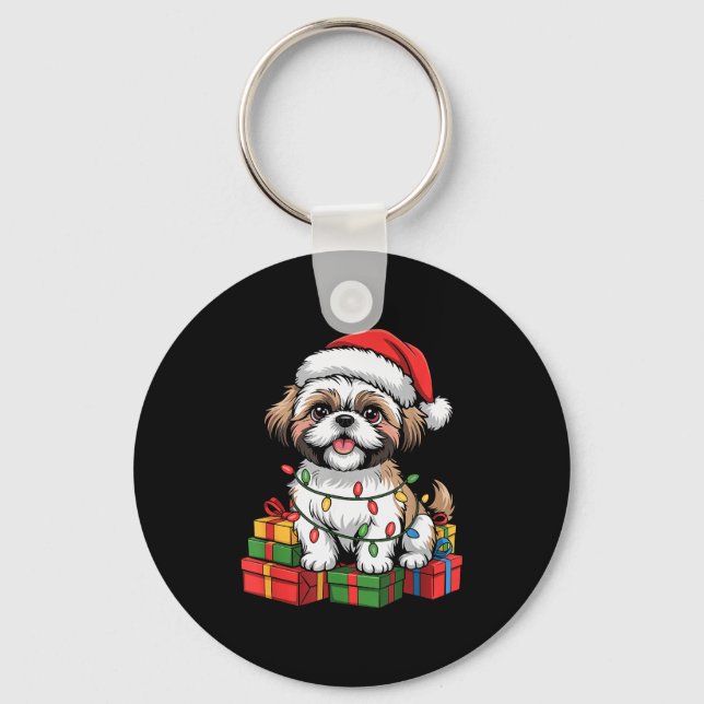 Cute Shih Tzu Santa Hat Christmas Xmas Dog Lovers  Key Ring (Front)