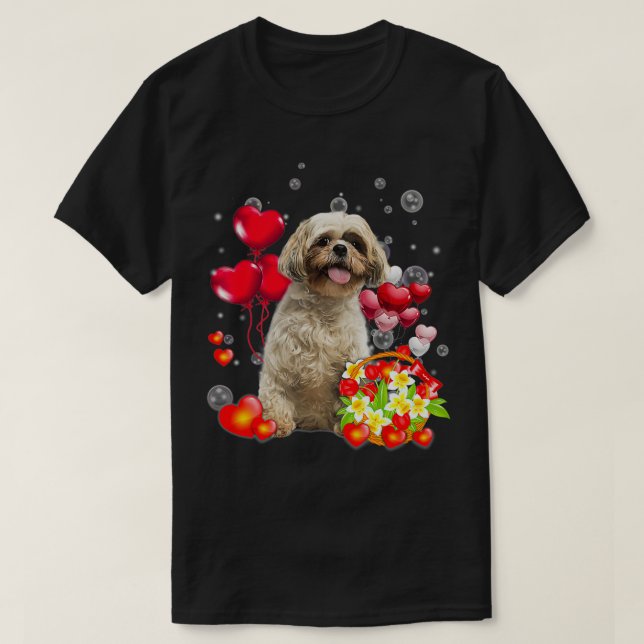 Cute Shih Tzu Valentines Heart Flower Shih Tzu Pup T-Shirt (Design Front)