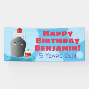 Cute ship tug boat cartoon birthday banner