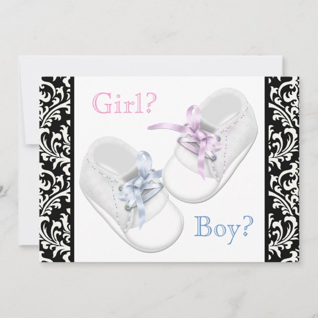 Cute Shoes Black Damask Gender Reveal Invitation (Front)