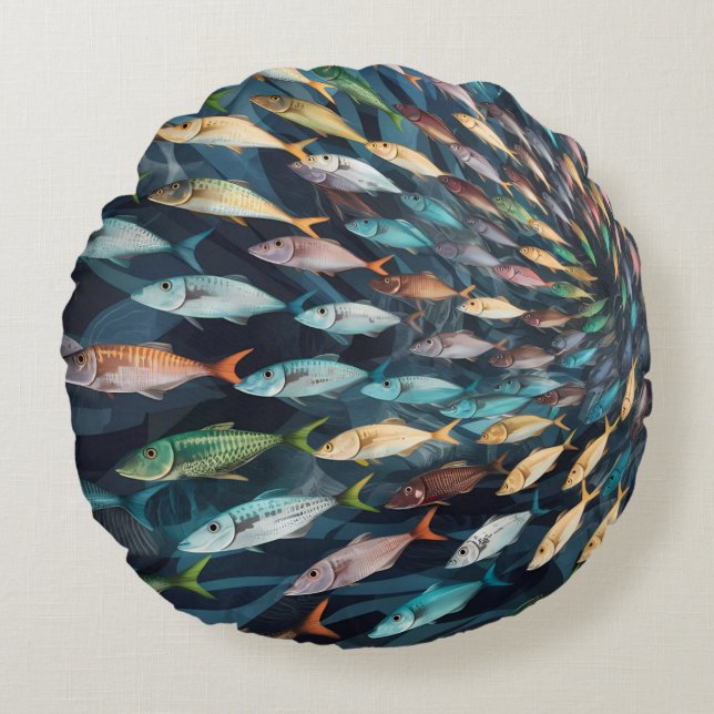 Cute shole of colourful fish round cushion (Front)