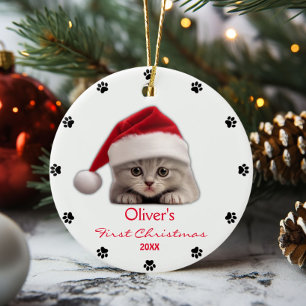 Cute Shorthair Cat Santa Hat Paw Personalised  Ceramic Tree Decoration