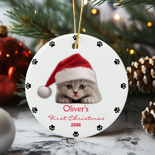Cute Shorthair Cat Santa Hat Paw Personalised  Ceramic Tree Decoration (Creator Uploaded)