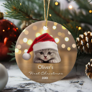 Cute Shorthair Cat Santa Hat Paw Personalized Gold Ceramic Tree Decoration