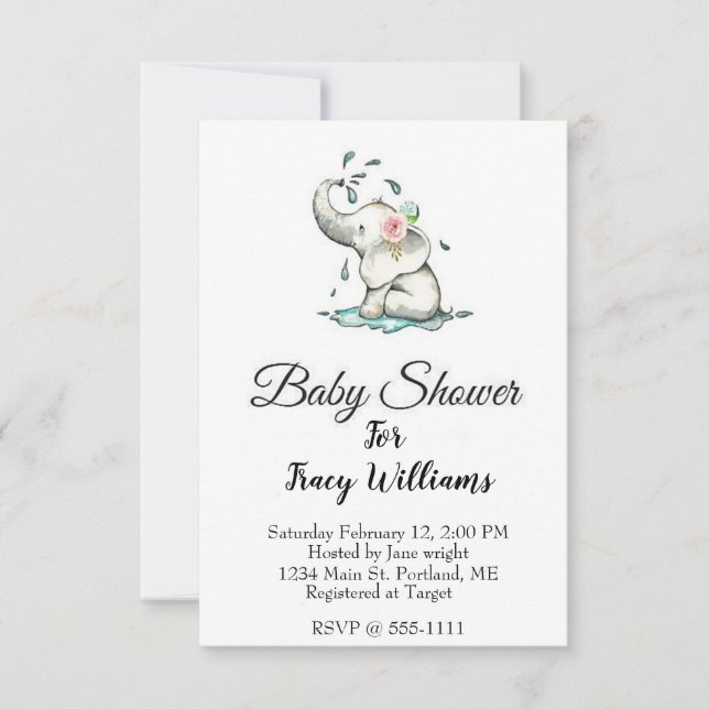 Cute showering baby elephant invitation (Front)