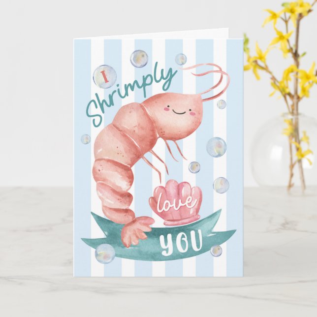 Cute Shrimp Valentine’s Card – I Shrimply Love You (Yellow Flower)