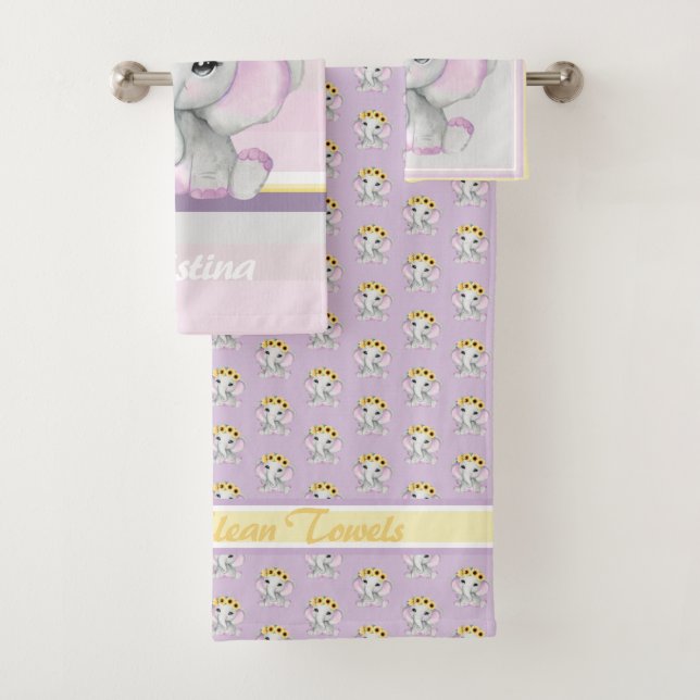 Cute shy baby elephant girl with Sunflowers pink Bath Towel Set (Insitu)