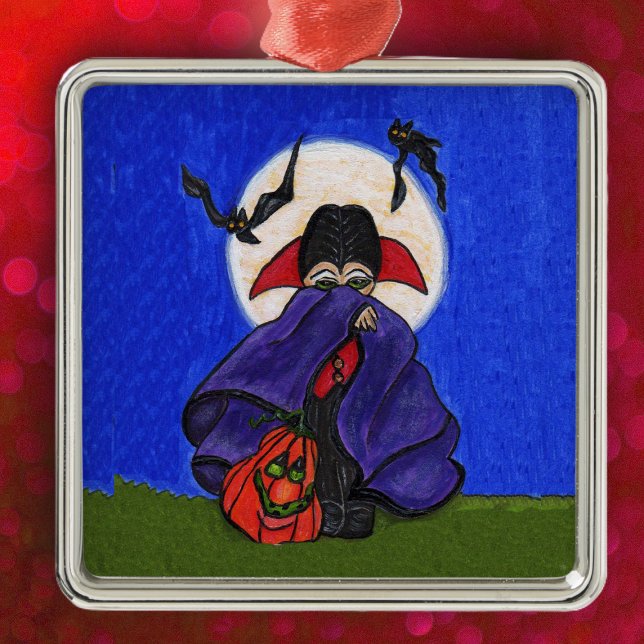Cute Shy Little Vampire Bats Moon Metal Tree Decoration (Cute little vampire purple cape flying bats pumpkin full moon on Halloween hanging ornament.)