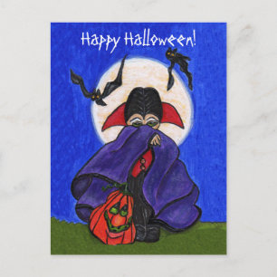 Cute Shy Vampire Purple Cape Smiling Pumpkin Bats Postcard