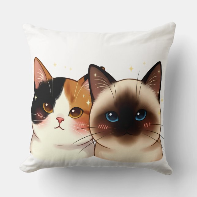 Cute Siamese & Calico Cat Portrait Duo | Adorable  Cushion (Front)