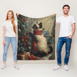 Cute Siamese Cat Christmas Vintage Fleece Blanket