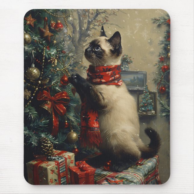 Cute Siamese Cat Christmas Vintage Mouse Mat (Front)