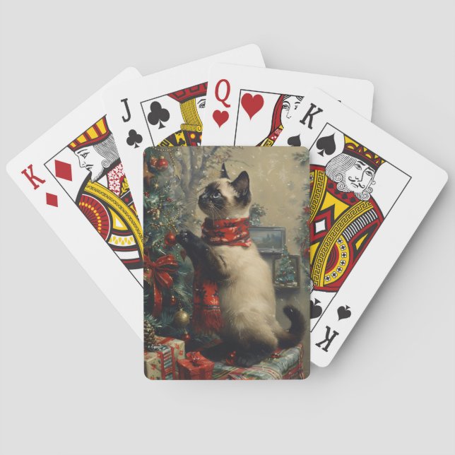 Cute Siamese Cat Christmas Vintage Playing Cards (Back)