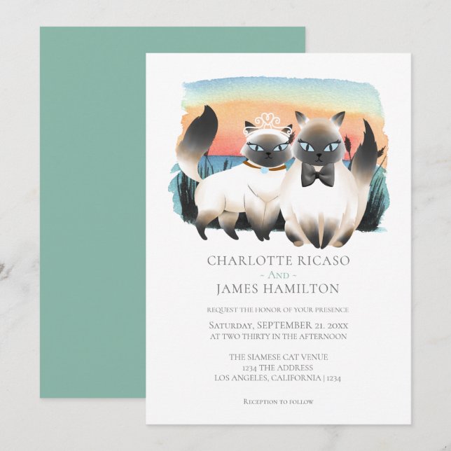 Cute Siamese Cat Couple Wedding Personalised Invitation (Front/Back)