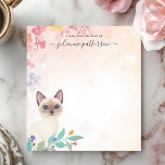 Cute Siamese Cat Floral Personalised Name Notepad<br><div class="desc">Show your love for Siamese cats with this adorable, personalised notepad! A charming illustration of a Siamese cat, with striking blue eyes, peeks out from the lower-left corner, surrounded by delicate flowers and foliage. The soft, pastel background adds to the design's gentle appeal. Customise this notepad with your own text....</div>