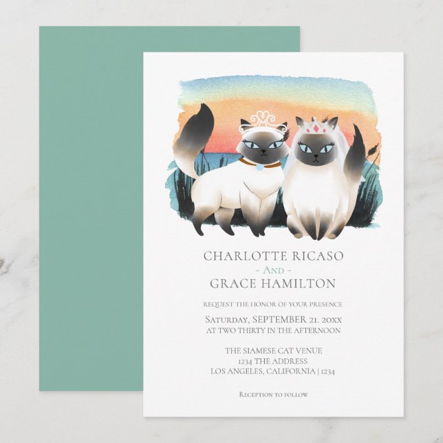 Cute Siamese Cat Gay Couple Wedding Personalised Invitation (Front/Back)