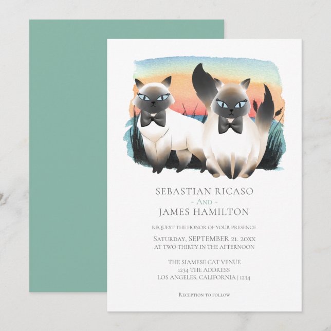 Cute Siamese Cat Gay Couple Wedding Personalised Invitation (Front/Back)