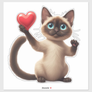 Cute Siamese Cat Hugging Red Heart With Love 💕
