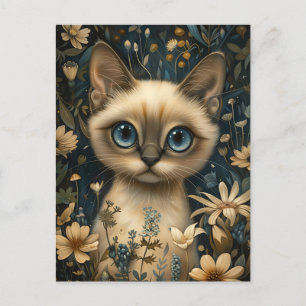 Cute Siamese Cat in a Flower Garden - Whimsical Postcard
