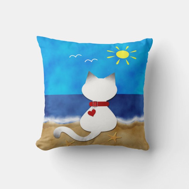 Cute Siamese Cat Summer Ocean Beach Theme Pillow (Front)