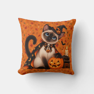 Cute Siamese Cat Witch Halloween Cushion