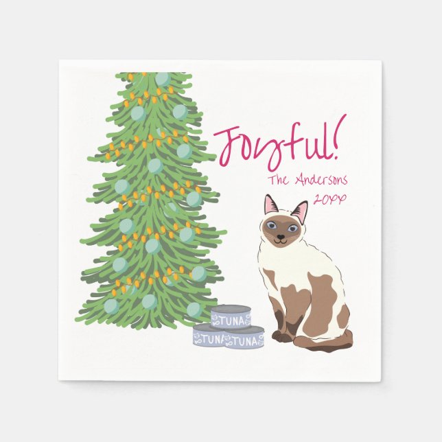 Cute Siamese Cat with Tuna Christmas Joyful Napkin (Front)