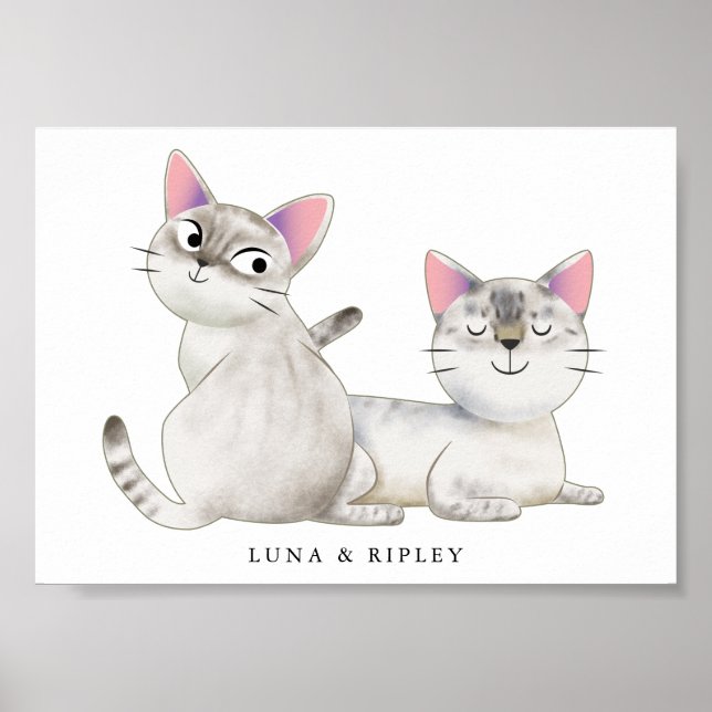 Cute Siamese Cats Illustration with Name Poster (Front)