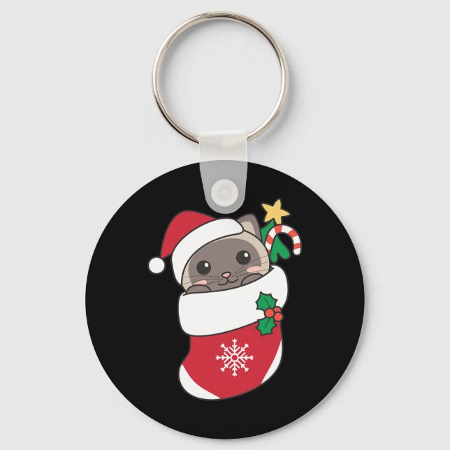 Cute Siamese Cats In Christmas Stockings For Chris Key Ring (Front)
