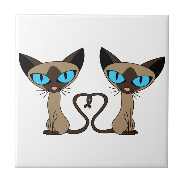 Cute Siamese Cats Tail Heart Tile (Front)