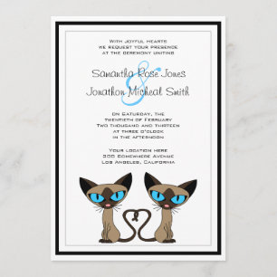 Cute Siamese Cats Tail Heart Wedding Invitation