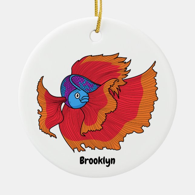 Cute Siamese fighting fish betta cartoon Ceramic Tree Decoration (Front)
