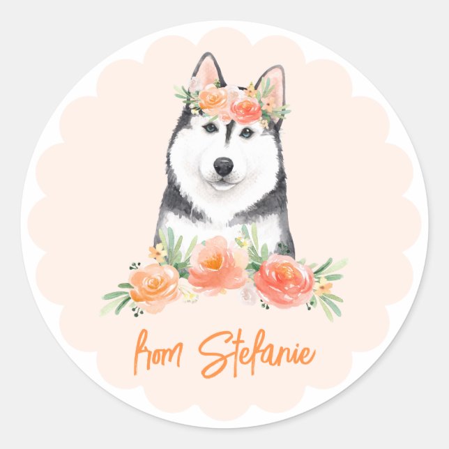 Cute Siberian Husky and Peach Flowers Birthday Classic Round Sticker (Front)