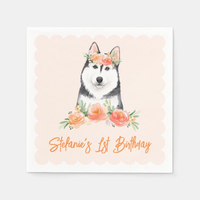 Cute Siberian Husky and Peach Flowers Birthday Napkin (Front)