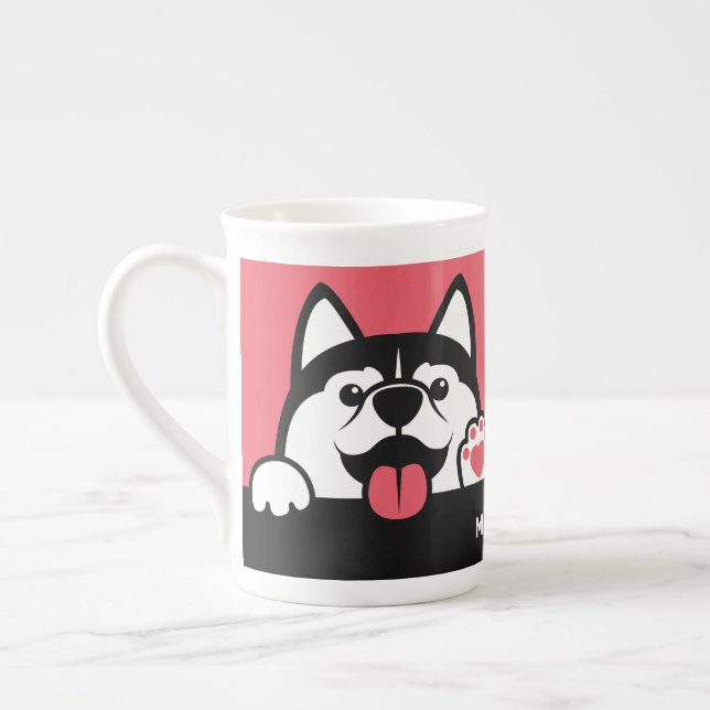 Cute Siberian Husky custom name & colour Bone China Mug (Left)
