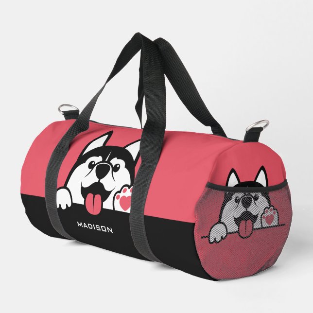 Cute Siberian Husky custom name & colour Duffle Bag (Right Corner)