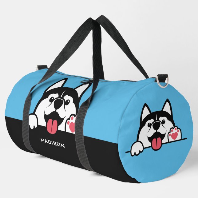 Cute Siberian Husky custom name & colour Duffle Bag (Left Corner)